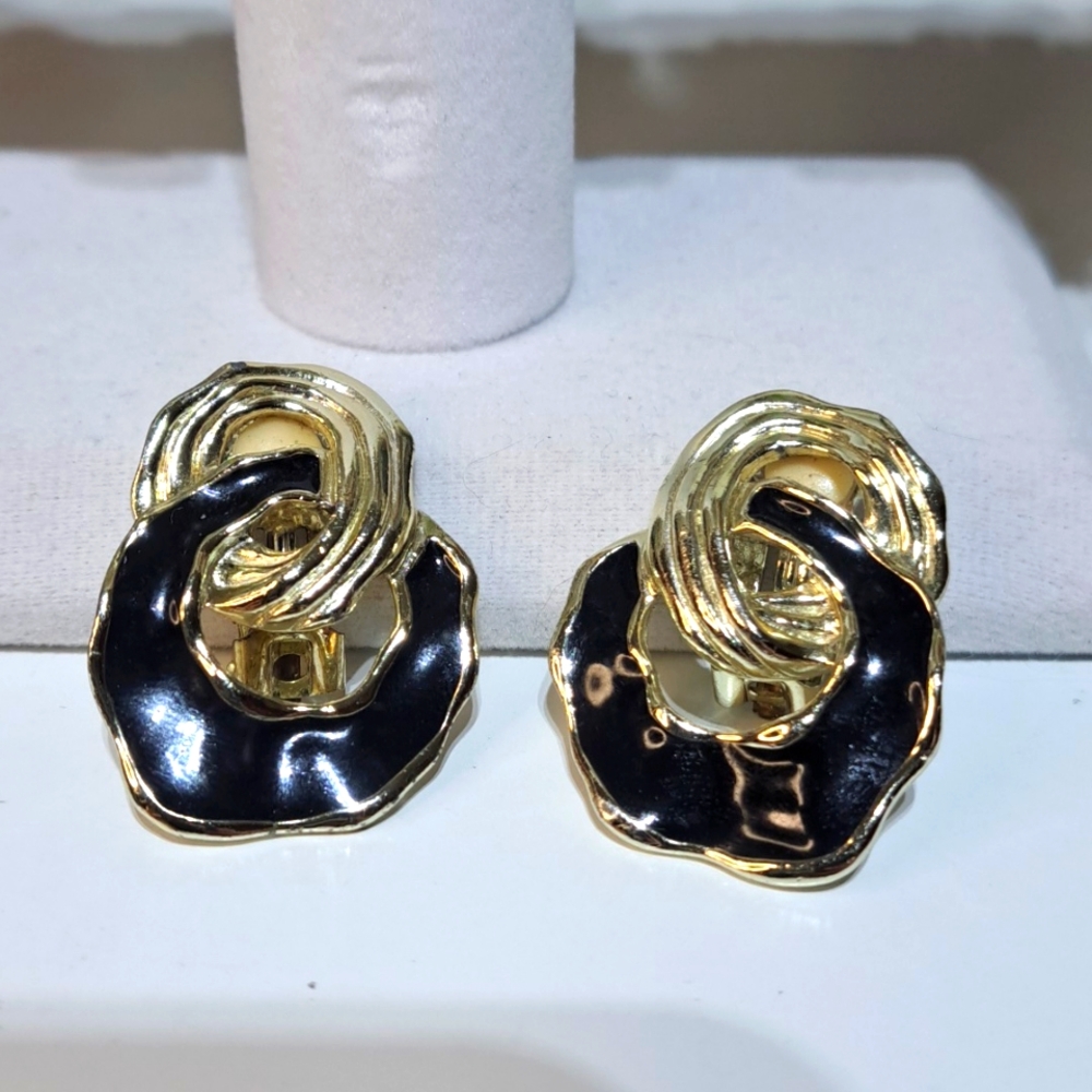 Vintage Retro Black Epoxy Gold Clip-on Earrings Heavy Chunky Statement Earrings